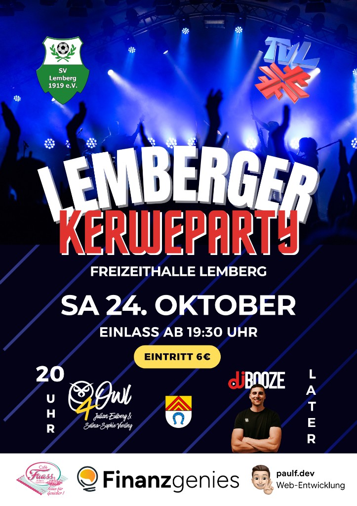 Plakat der Lemberger Kerweparty in der Freizeithalle Lemberg, Samstag, 24. Oktober. Einlass ab 19:30 Uhr, Eintritt 6 Euro. Ab 20 Uhr live 4 Owl, danach DJ Booze.